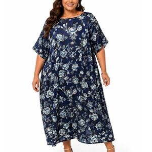 Vintage California Dynasty Blue Floral Caftan Dress Boho Midi Resort Lounge